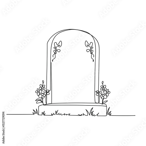 Tombstone with cross and flowers, single line cemetery headstone illustration