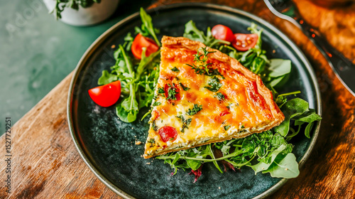 slice of quiche with salad greens