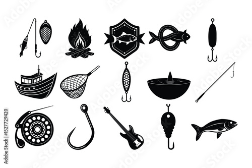 Black and white fishing related icons set with fish boat campfire and bass guitar
