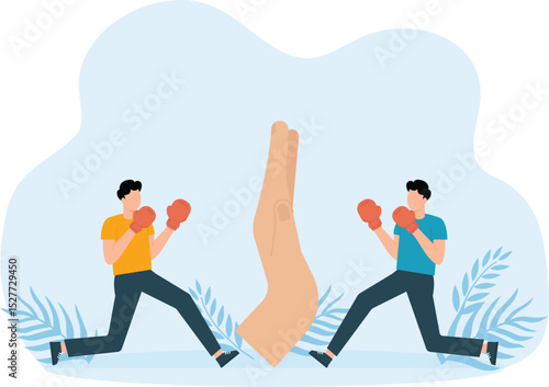 Negotiation or stop fighting, Conflict management and leadership skills to compromise and solve argument problems, businessman leader standing in center to stop boxing world fighting conflict.

