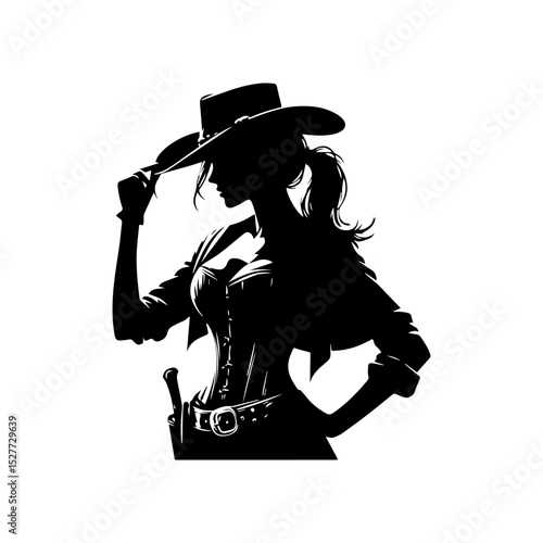 Independent cowgirl character logo with wide-brimmed hat and visible firearm in minimalist monochrome style