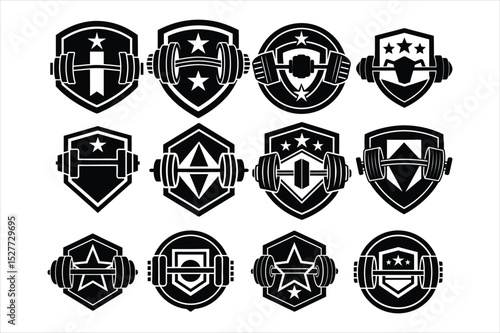 Collection of black and white gym and fitness badges with barbells and stars