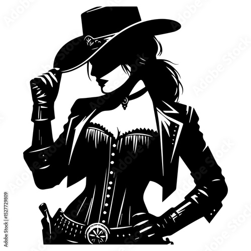Strong western woman vector emblem showcasing iconic cowboy hat and hip holster in striking black silhouette