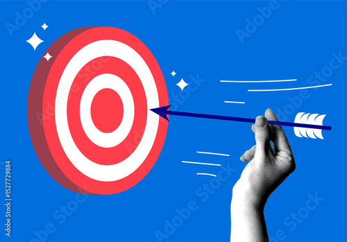 Halftone hand aims arrow at target. Modern collage. Darts in hand. Successful business concept. Focus on achieving goals. Marketing strategy. Purpose, accuracy