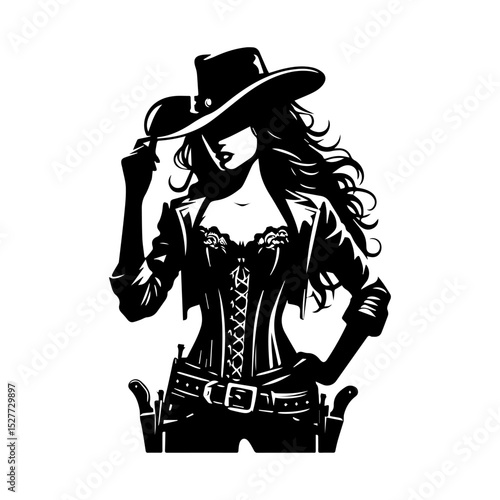 Strong western woman vector emblem showcasing iconic cowboy hat and hip holster in striking black silhouette