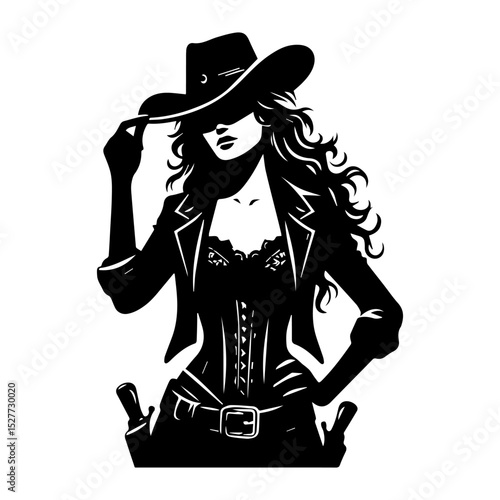 Bold western cowgirl silhouette vector logo featuring wide-brimmed hat and visible hip holster in powerful stance