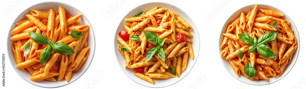 Collection of creamy tomato penne pasta with fresh basil, isolated on a transparent background Collection of creamy tomato penne pasta with fresh basil, isolated on a transparent background