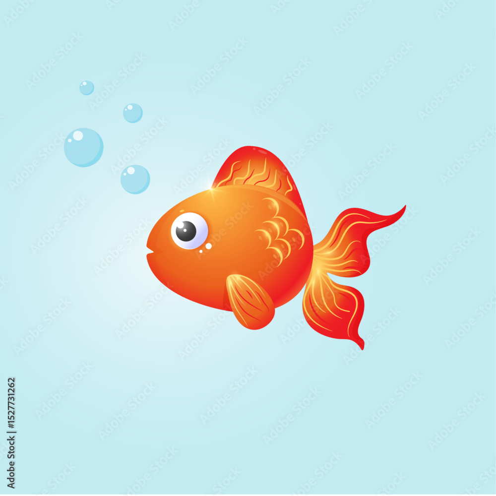 Naklejka premium Goldfish Vector Illustration – Cute Orange Fish with Fins and Tail on Light Blue Background, Aquatic Pet Clipart for Marine or Decorative Designs