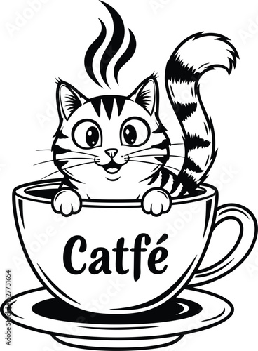 Adorable cartoon cat in a coffee cup with a cute smile featuring the word catfé in a playful design