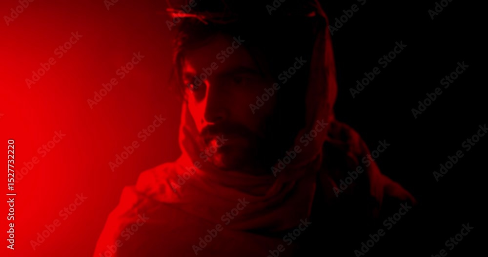 Dramatic, stylistic visual of Jesus Christ Wearing Crown of Thorns in Red Light for Christianity, Easter visual or bible scene. Dramatic, stylistic visual of Jesus Christ Wearing Crown of Thorns in Red Light for Christianity, Easter visual or bible scene.