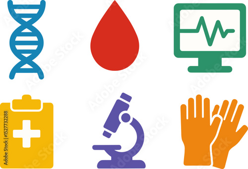 Colorful icons representing medical research laboratory equipment