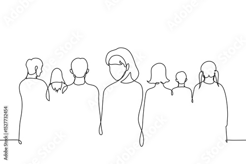 woman turned around and looks straight at camera, portrait without face - one line art vector. concept one person notices among crowd of people with their backs turned