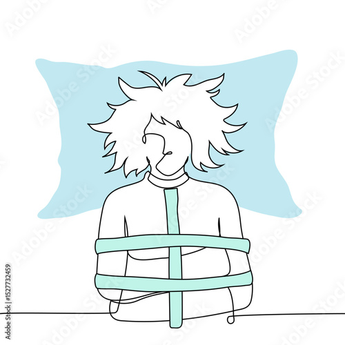 woman in straitjacket lies with head on pillow, top view - one line art vector. concept violent mental hospital patient laid down and immobilized, metaphor of metering, paralysis