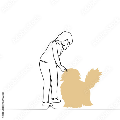 woman bending over and petting fluffy dog ​​on the head - one line art vector. concept passerby dog ​​lover, owner and pet, veterinarian and patient