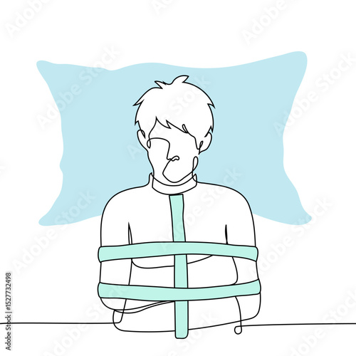 man in a tame shirt lies with his head on a pillow, top view - one line art vector. concept violent mental hospital patient laid down in bed and immobilized, metaphor of metering, paralysis