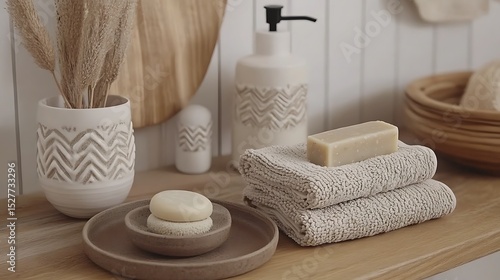 Neutral bathroom aesthetic featuring natural soaps and textured towels on wooden shelf