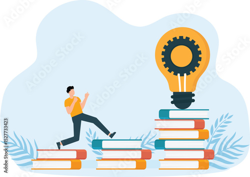 Businessman climbs on a stack of books to knowledge. Education and professional career concept.
