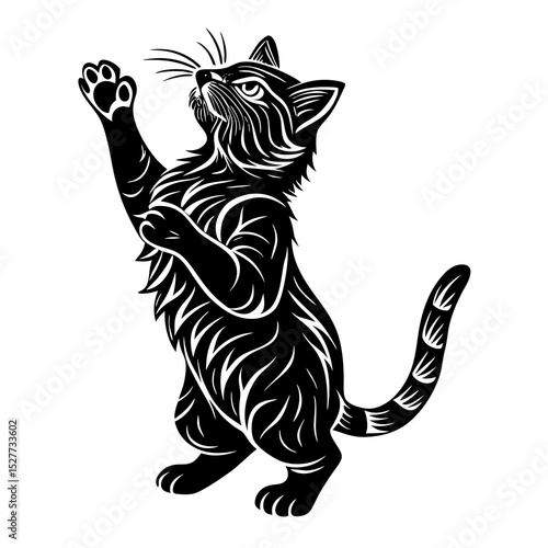 A silhouette of a cat standing on its hind legs as if reaching for something on a white background.
