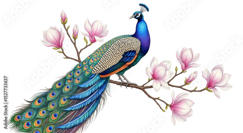Elegant peacock amidst blooming magnolias