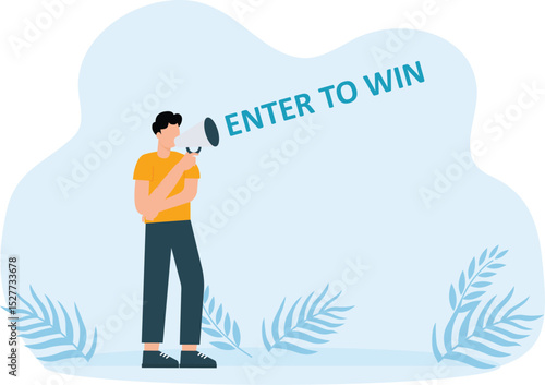 Male hand holding megaphone with enter to win speech bubble. Loudspeaker. Banner for business, marketing and advertising concept
