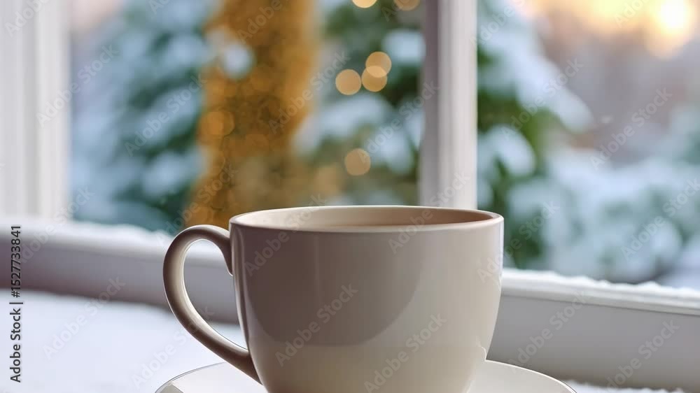 Warm beverage steams next to window overlooking snowy landscape, adorned with Christmas tree and lights, showcasing a cozy winter ambiance. Warm beverage steams next to window overlooking snowy landscape, adorned with Christmas tree and lights, showcasing a cozy winter ambiance.
