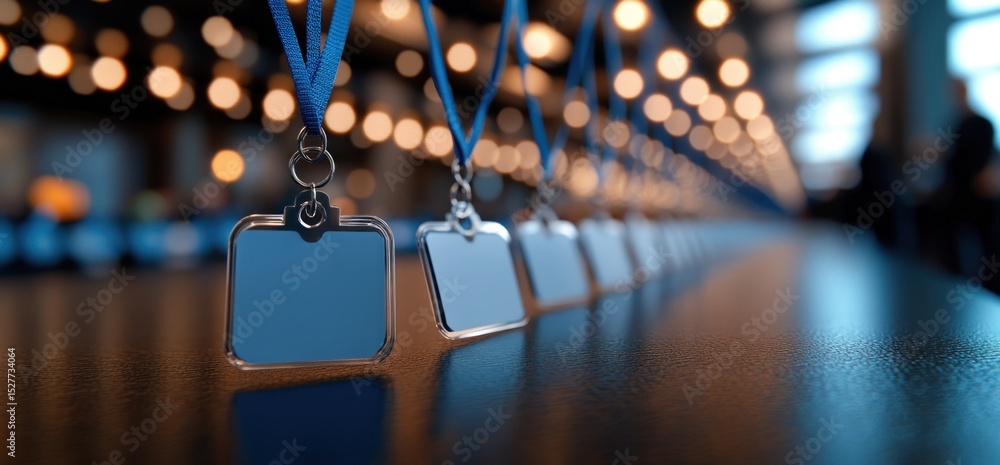 Empty identification badges hanging on strings