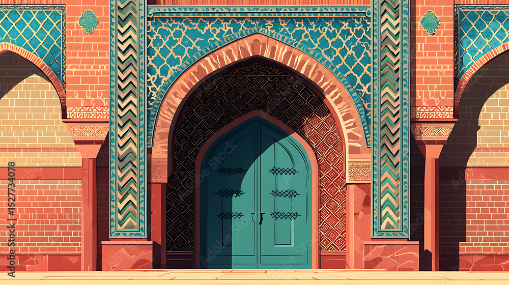 Obraz premium Striking Mughal architecture, featuring a vibrant teal door framed by red brick and intricate blue geometric tilework, bathed in warm sunlight