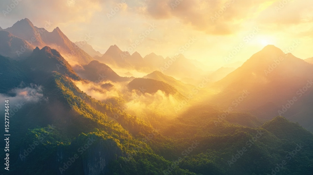 Fototapeta premium A serene mountain range bathed in golden sunrise light, mist rolling over the peaks, lush greenery in the foreground, a peaceful landscape