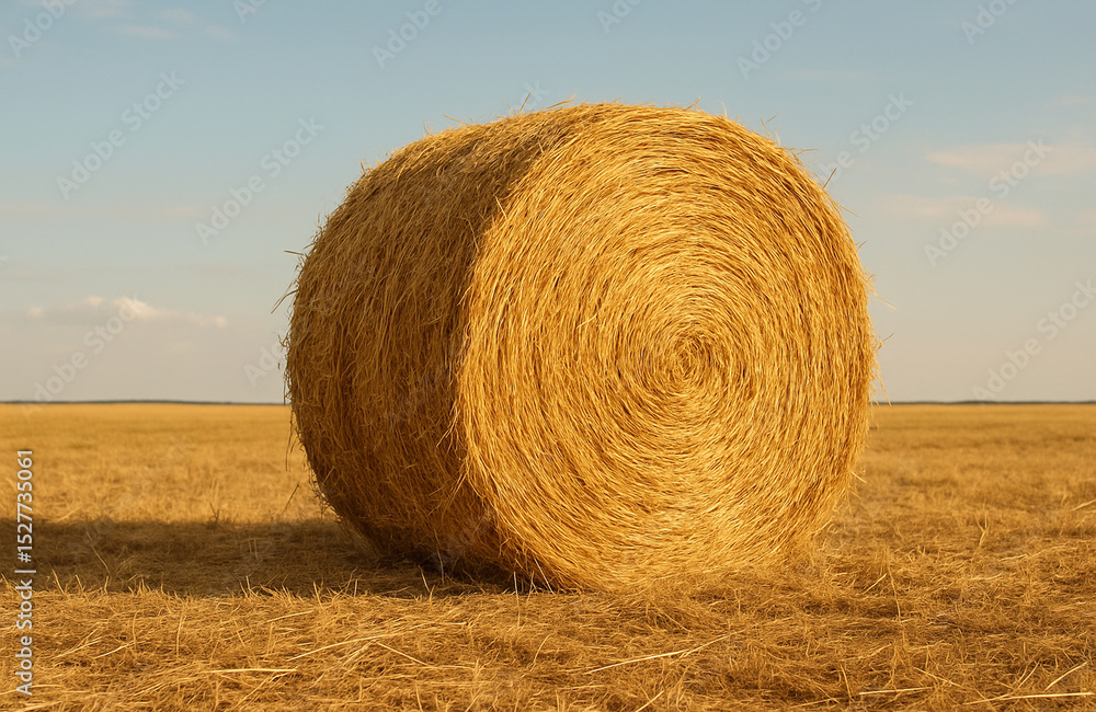 Golden Round Hay Bale Standing Alone in Vast Harvested Agricultural Field Under Cloudy Sky During Late Summer Harvest Season in Rural Farming Countryside Landscape Golden Round Hay Bale Standing Alone in Vast Harvested Agricultural Field Under Cloudy Sky During Late Summer Harvest Season in Rural Farming Countryside Landscape