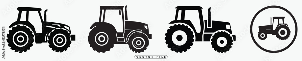 Obraz premium Tractor Silhouette Collection Farm Equipment Vector Icons in Black and White