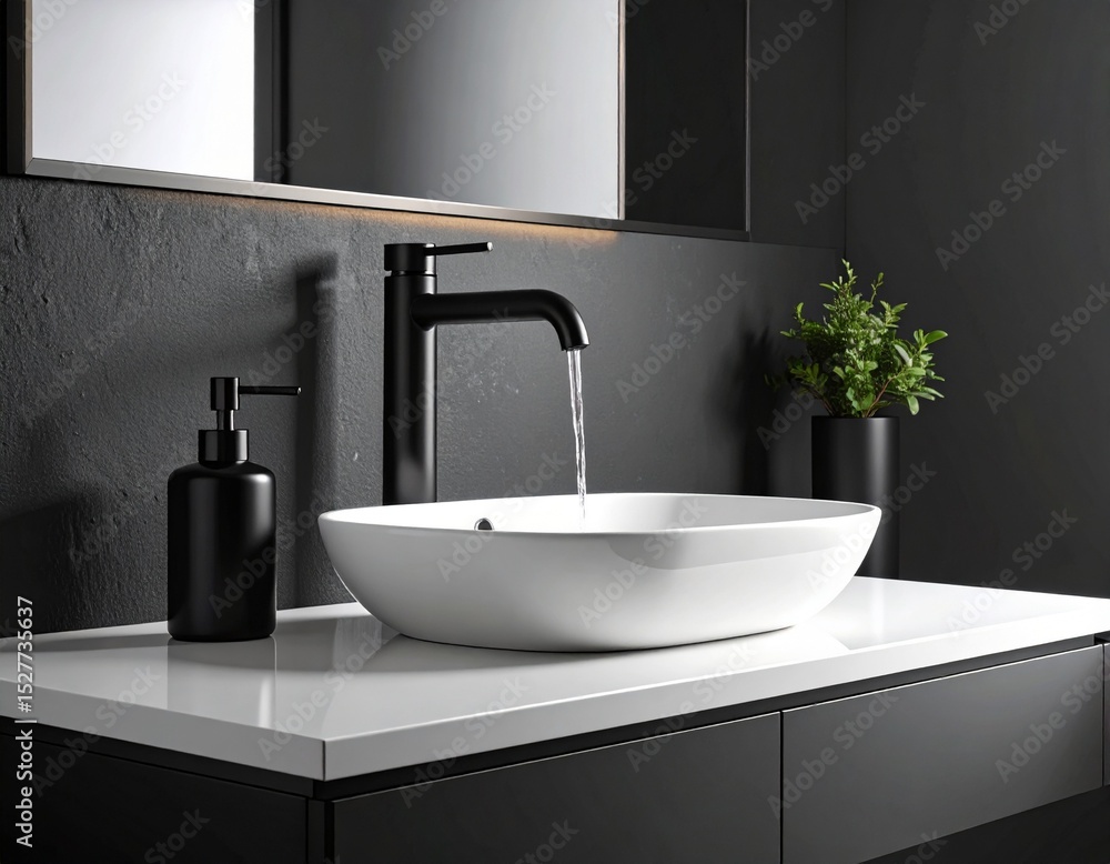 Fototapeta premium Minimalist matte black faucet with a soft water flow over a sleek white basin, glossy