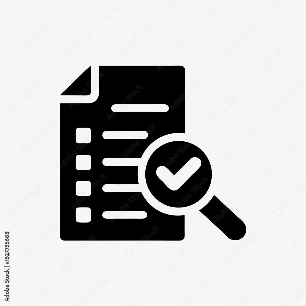 Fototapeta premium Checklist document icon with magnifying glass and check mark symbol in black silhouette 