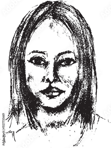 monochrome sketch of a woman's face with long, textured hair, looking directly forward with a serious and direct gaze