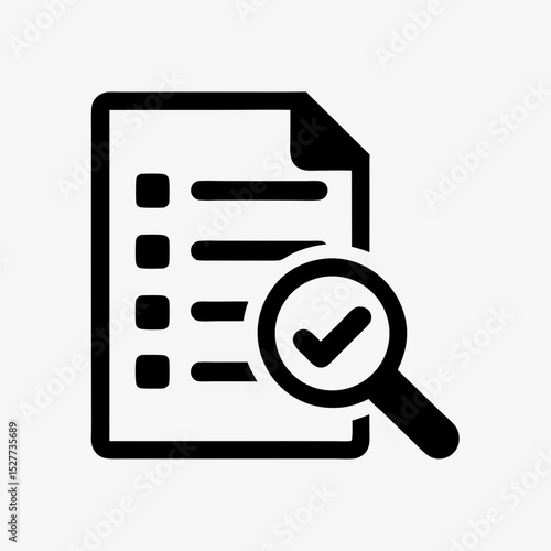 Checklist document icon with magnifying glass and check mark symbol in black silhouette
