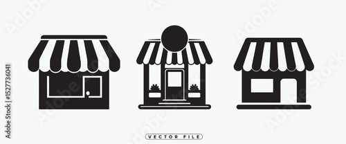 Black and White Storefront Icons with Awnings and Doorways Vector