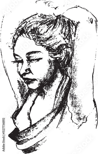 A monochrome, high-contrast sketch of a person with long, textured hair, looking down with a contemplative expression, possibly with arms raised