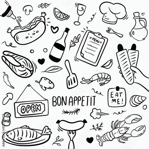 Fish, sausages, doodle set of elements for cooking for restaurant menus and cooking
