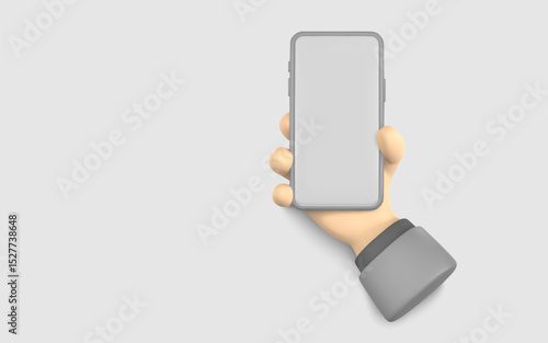 Smartphone in Hand 3D Render with Blank Screen for App, UI, or Website Mockup. Modern Mobile Technology Concept in Cartoon Style. Vector Illustration