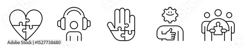 Conjunto de iconos de autismo. Corazón empático, hipersensibilidad auditiva, inclusión solidaria, mente positiva, apoyo social. Ilustración vectorial