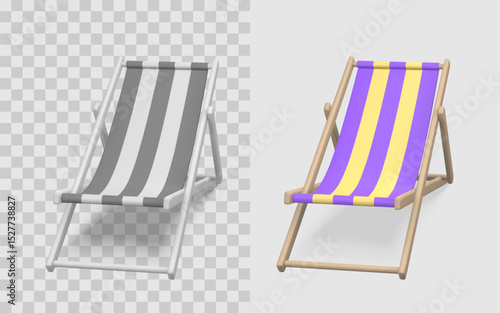 Deck Chair Icon With Striped Fabric in Gray and Purple Yellow Variants. Beach or Summer Vacation Concept. Modern Minimal 3D Render. Vector Illustration