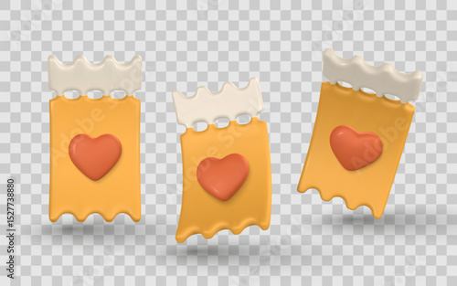Cute Love Ticket Icon With 3D Heart Symbol, Romantic Cartoon Style For Valentine's Day Or Dating App Design. Trendy Minimal UI Element. Vector Illustration