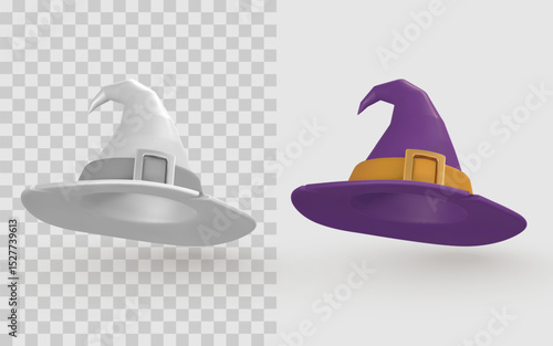 Witch Hat in 3D Cartoon Style Shown in Full Color and Monochrome, Halloween Magic Accessory Ideal for Design Packs and UI Assets. Vector Illustration