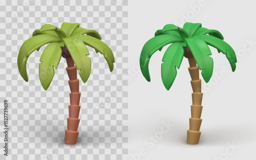 Palm Tree Cartoon 3D Icon – Tropical Exotic Island Plant in Green and Brown Colors on Transparent and White Background. Great for Summer Design Projects. Vector Illustration