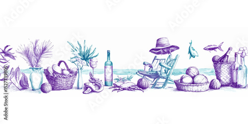 Summer beach picnic illustration with fruits and bottle