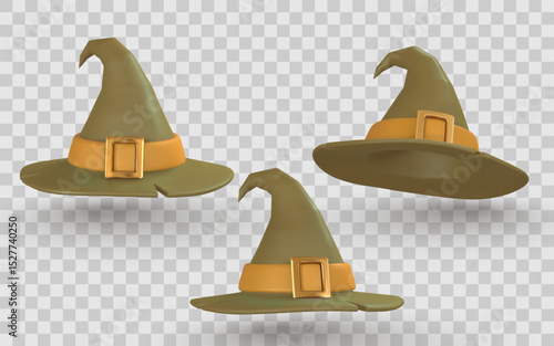 Witch Hat Halloween Cartoon Icon With Gold Buckle and Orange Band on Transparent Background. Magic Costume Accessory for Spooky Season. Vector Illustration