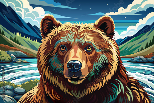Vector illustration of a wild bear fishing in a mountain river perfect for wildlife scenes, outdoor adventure themes, and natural ecosystem designs