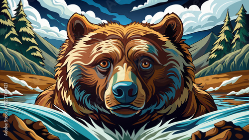 Vector illustration of a wild bear fishing in a mountain river perfect for wildlife scenes, outdoor adventure themes, and natural ecosystem designs