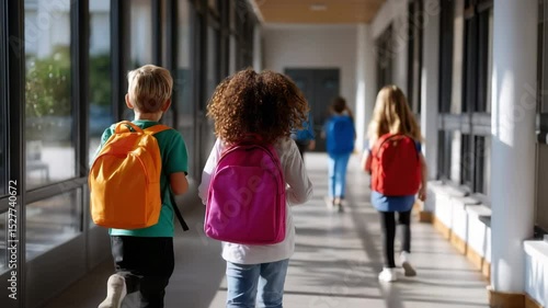 Children with colorful backpacks walk down a bright school hallway toward the classroom. Video for education, childhood, school themes