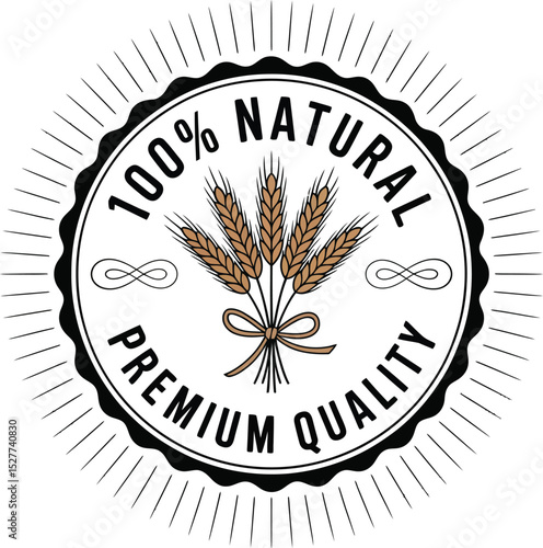 100% Natural Premium Quality Product Label with Wheat Bouquet and Sun Rays Design