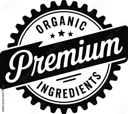 Black and White Featuring Organic Premium Ingredients Text with Star Accents on a CogShaped Background